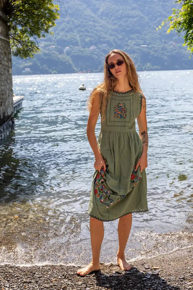 Indi & Cold Emerald Cross Stitch Embroidered Dress