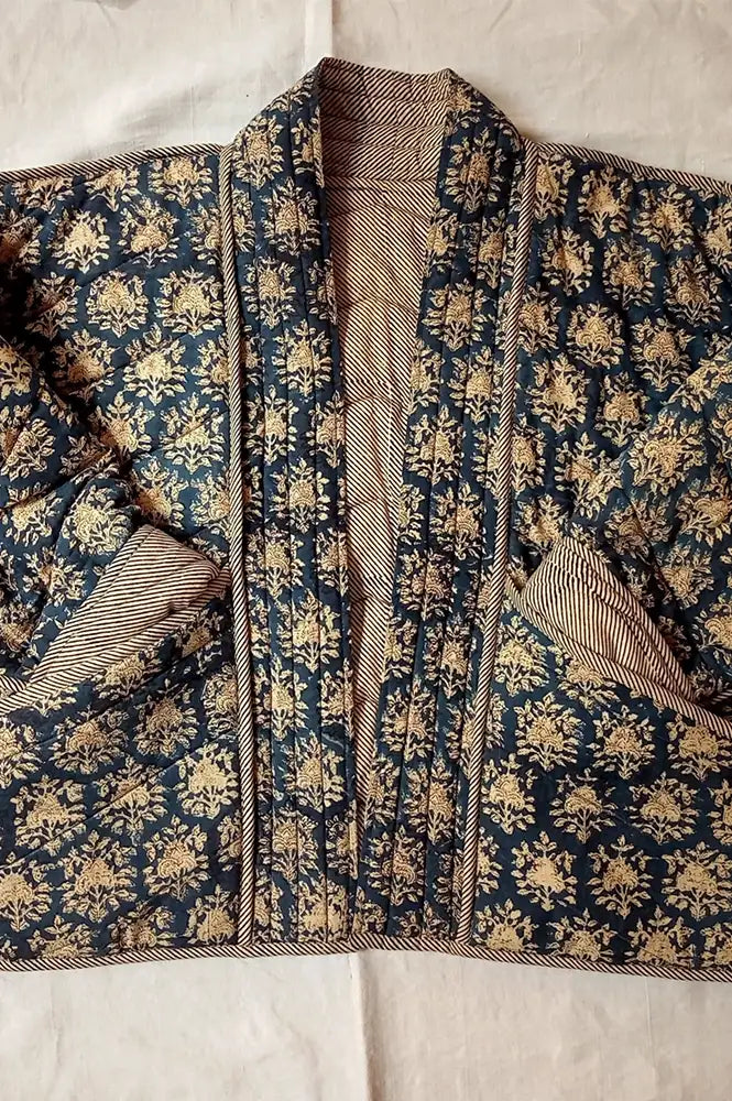 Cotton Conscious Navy Block Print Reversible Kimono Jacket