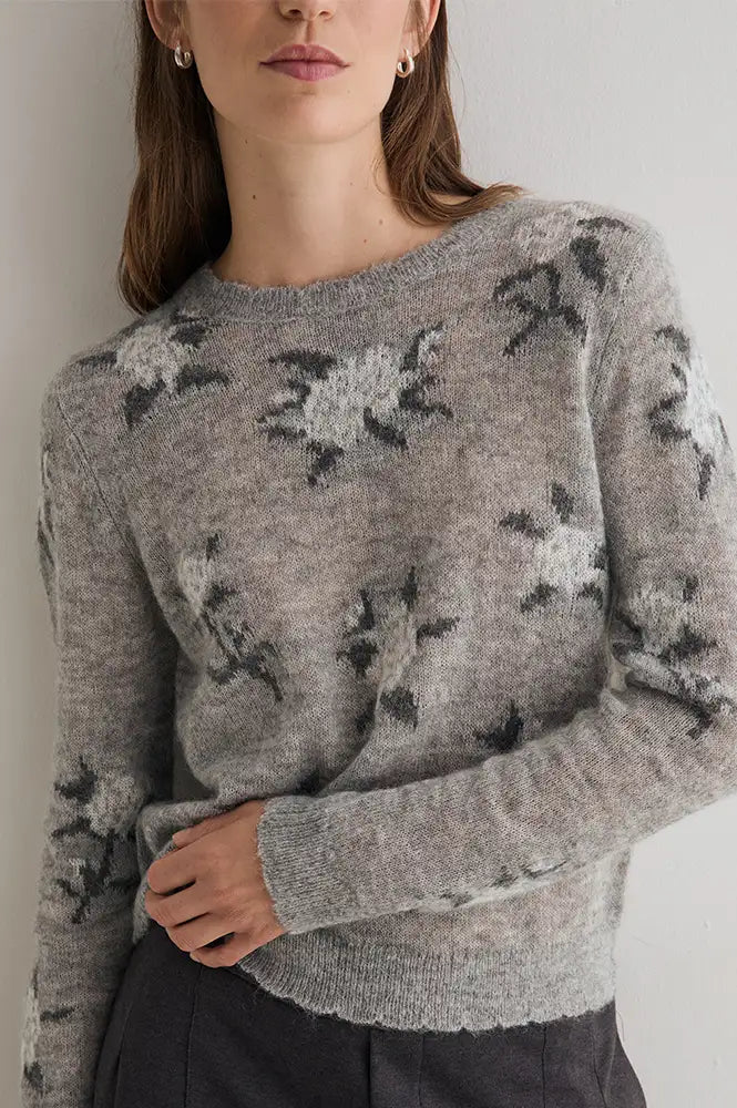 Yerse Grey Knitted Floral Jacquard Jumper