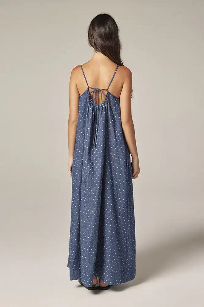 Amente Denim Polka Dot Tie Back Dress