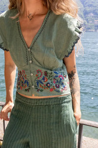 Indi & Cold Emerald Cross Stitch Embroidered Top