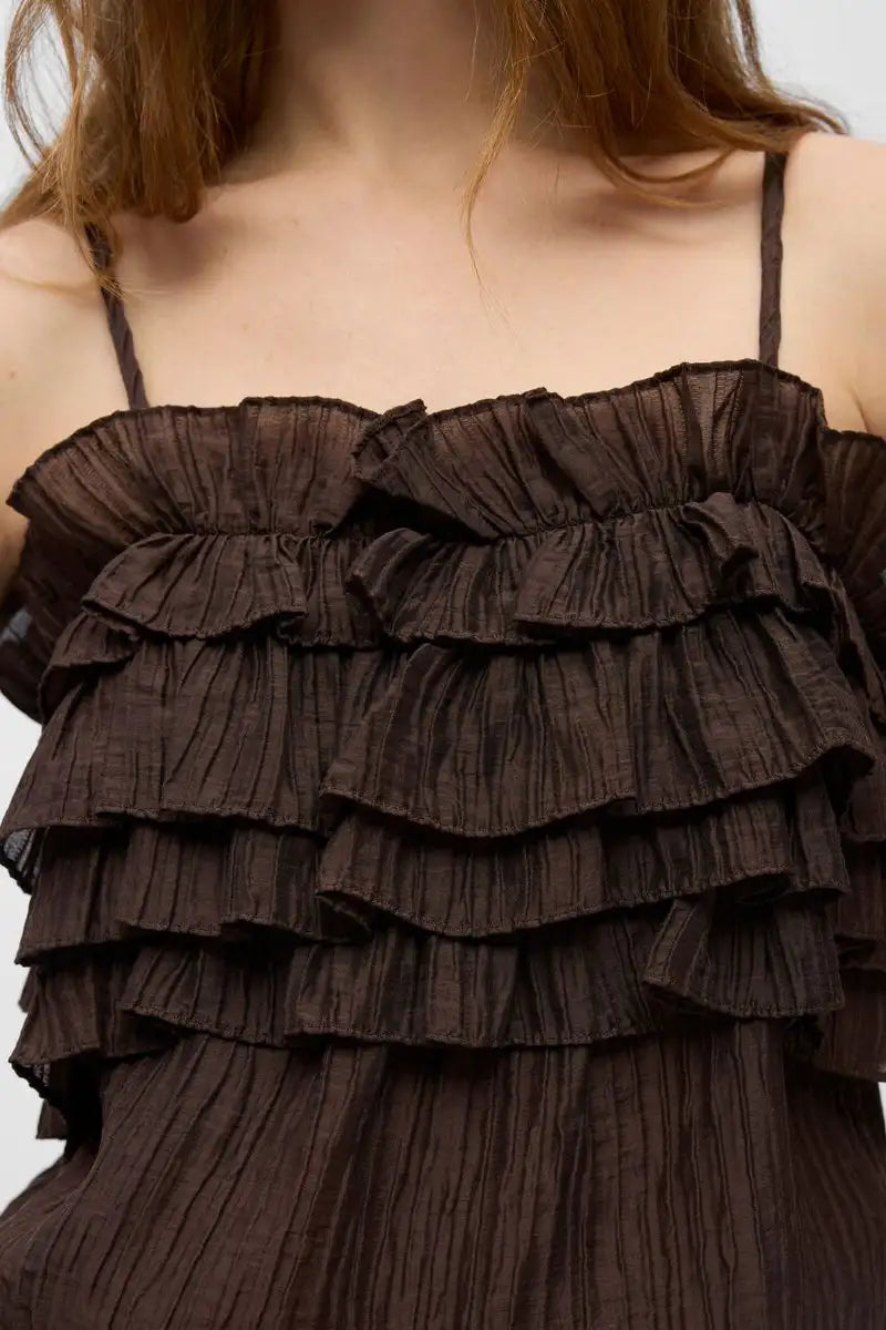 Object Lyne Seal Brown Ruffled Top - The Mercantile London