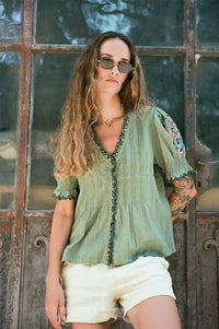 Indi & Cold Emerald Cross Stitch Embroidered Shirt