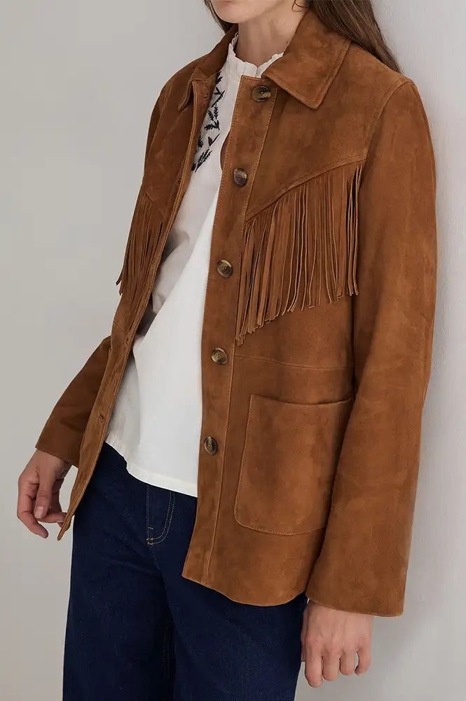 Yerse Camel Tassel Suede Jacket