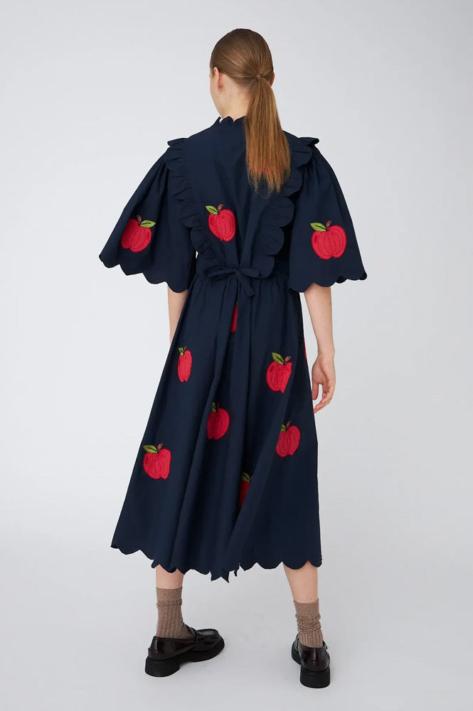 Stella Nova Apple Embroidered Navy Midi Dress - The Mercantile London