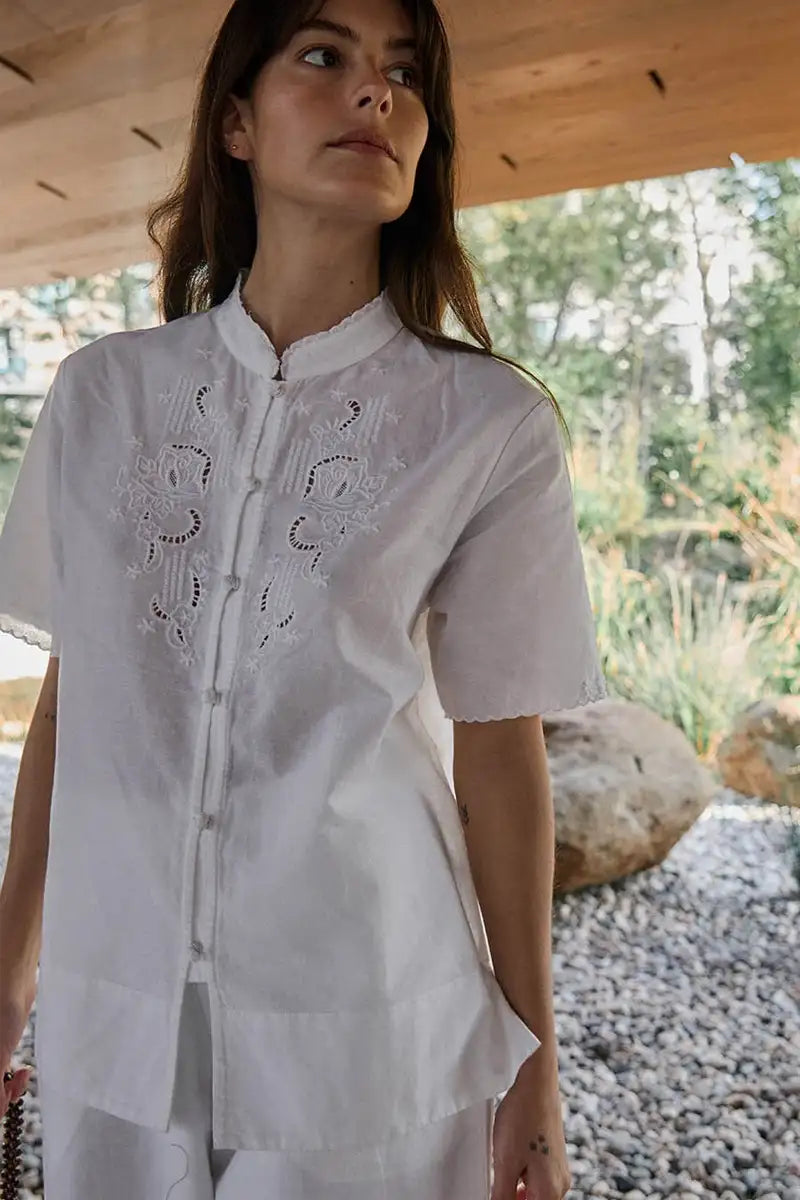 Yerse White Embroidered Mandarin Collar Shirt - The Mercantile London