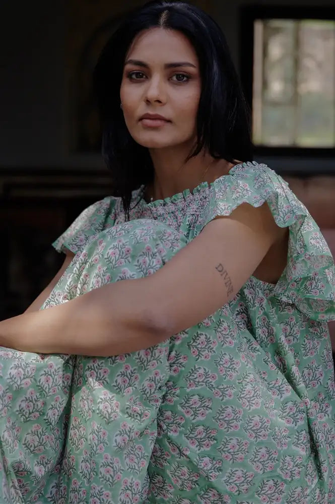 Dilli Grey Mogra Sage Smocked Nightie - The Mercantile London