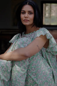 Dilli Grey Mogra Sage Smocked Nightie - The Mercantile London