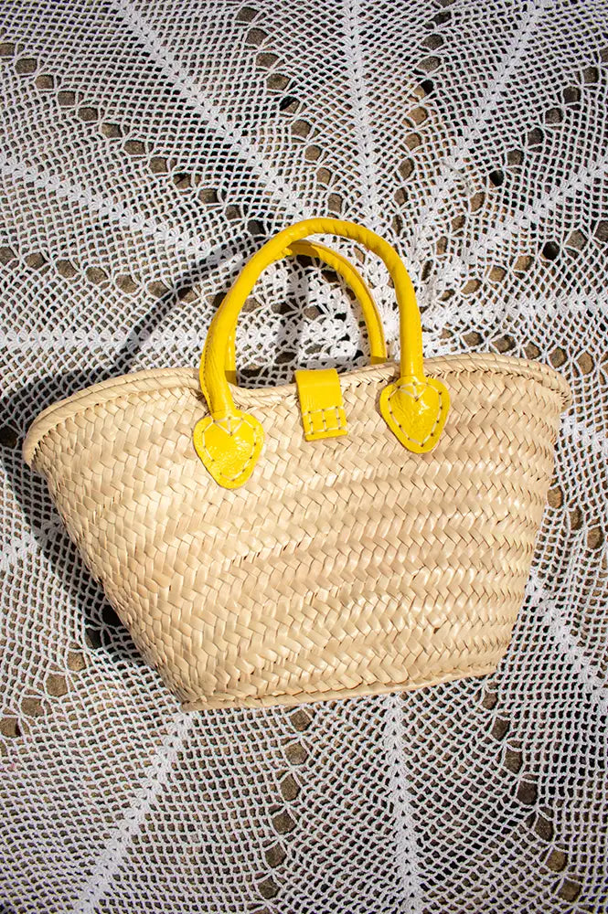 French Yellow Leather Detailed Small Market Basket Bag