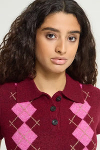 ICHI Dasila Berry Harlequin Polo Knitted Top