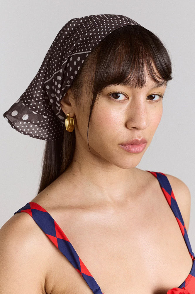Damson Madder Spot Stripe Black Frill Edge Headscarf - The Mercantile London