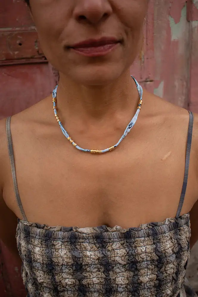 Arifah Studio Aqua Blue Bandana & Bronze Necklace