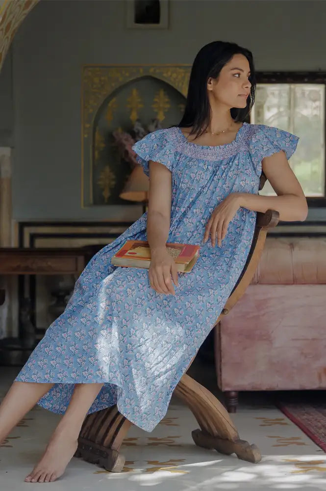 Dilli Grey Mogra Dusty Blue Nightie - The Mercantile London