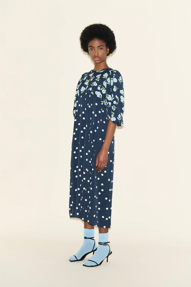 Samdi Dahlia Navy Polka & Powder Blue Floral Dress - The Mercantile London