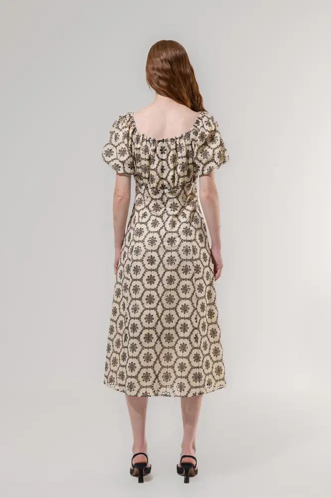 Emin + Paul Lace Shirred Beige Puff Sleeve Dress - The Mercantile London