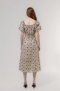 Emin + Paul Lace Shirred Beige Puff Sleeve Dress - The Mercantile London