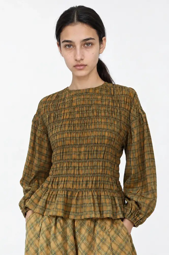 Carmen Says Automne Mustard Checked Smocked Blouse - The Mercantile London