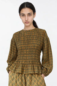 Carmen Says Automne Mustard Checked Smocked Blouse - The Mercantile London