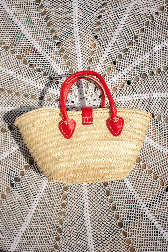 French Red Leather Detailed Small Market Basket Bag