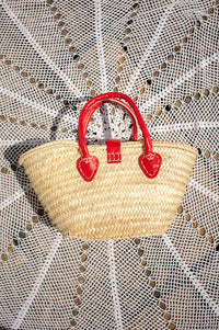 French Red Leather Detailed Small Market Basket Bag