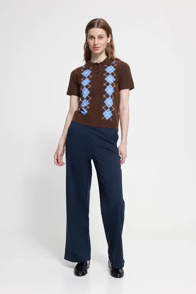 ICHI Dasila Chicory Harlequin Knitted Polo Top