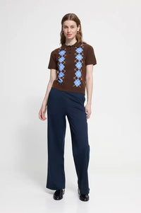 ICHI Dasila Chicory Harlequin Knitted Polo Top