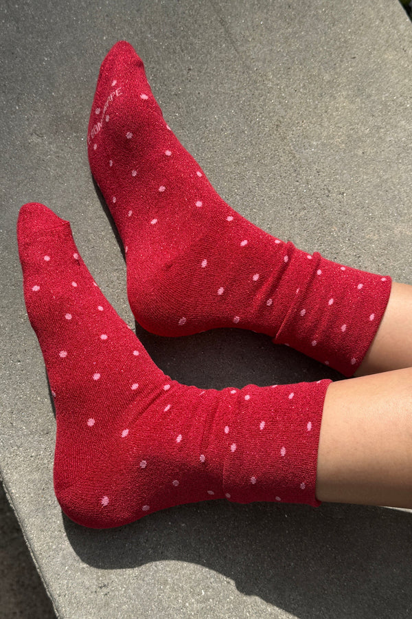 Le Bon Shoppe Lurex Patterned Red & Pink Polka Dot Sneaker Socks - The Mercantile London