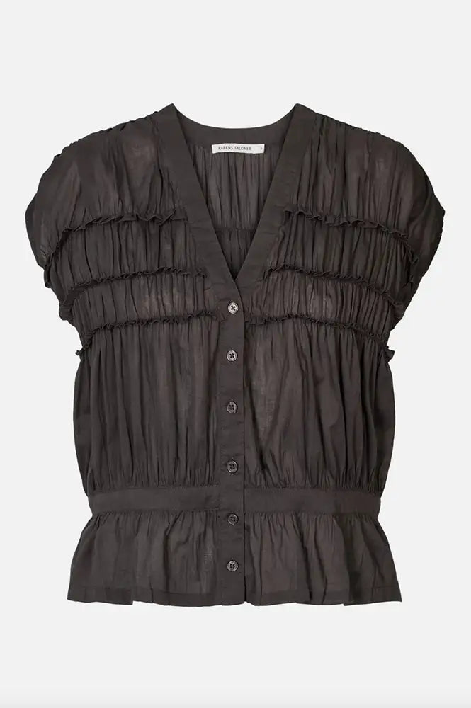 Rabens Saloner Elenor Liquorice Voile Frill Top - The Mercantile London