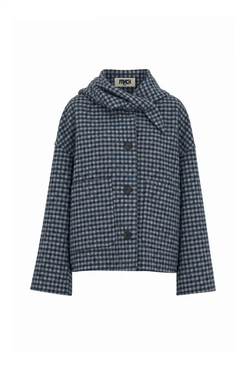 FRNCH Sheffield Navy Blue Checked Scarf Detail Jacket - The Mercantile London