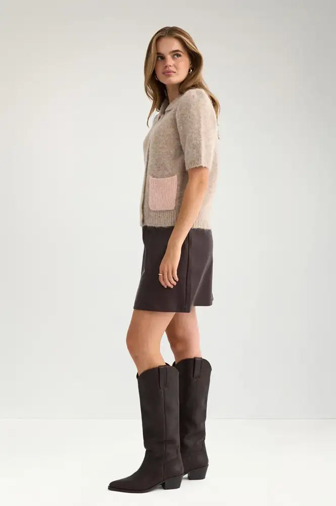 Numph Salia Sesame Melange Short Sleeve Cardigan
