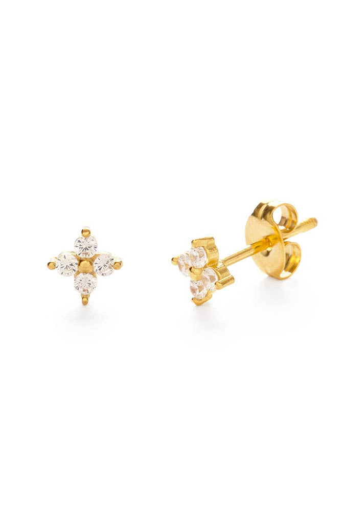 Gold earrings with star-shaped designs on a white background