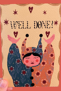 Card with illustration of a character and 'Well Done!' text on a red background