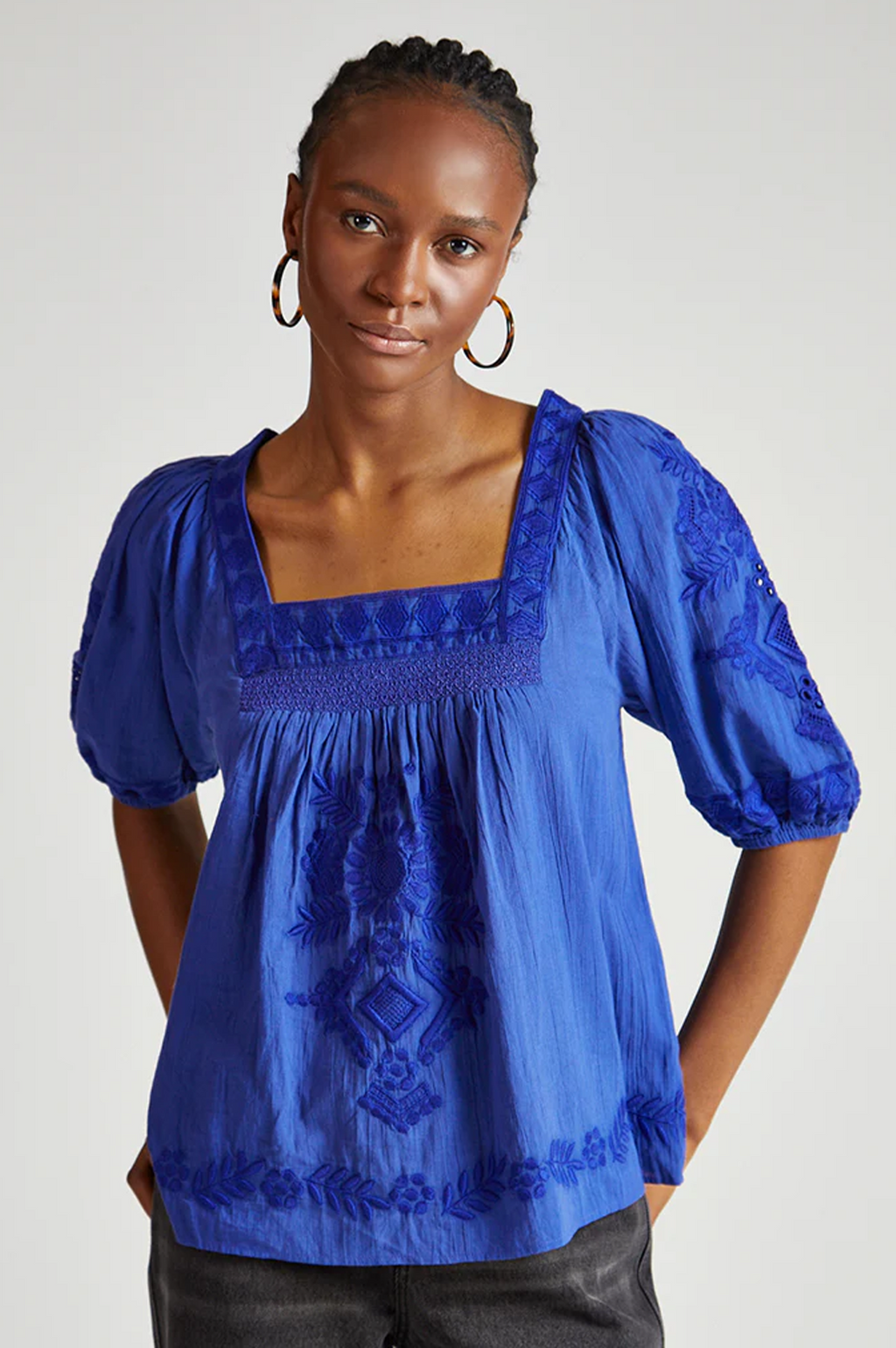 Raffya Rhea Embroidered Blue Blouse