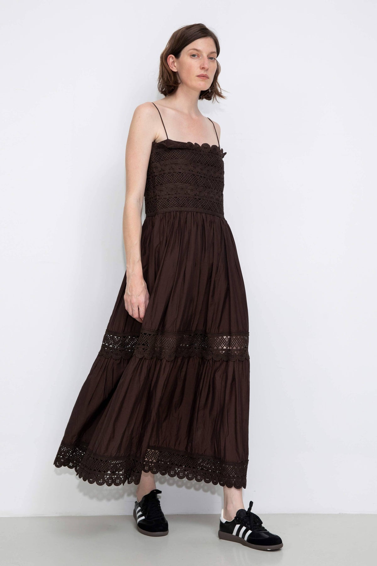 Crochet Lace Panelled Maxi Cami Dress: Brown / S - The Mercantile London