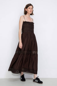 Crochet Lace Panelled Maxi Cami Dress: Brown / S - The Mercantile London