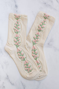Women's Antique Tulip Flower Socks: Beige - The Mercantile London