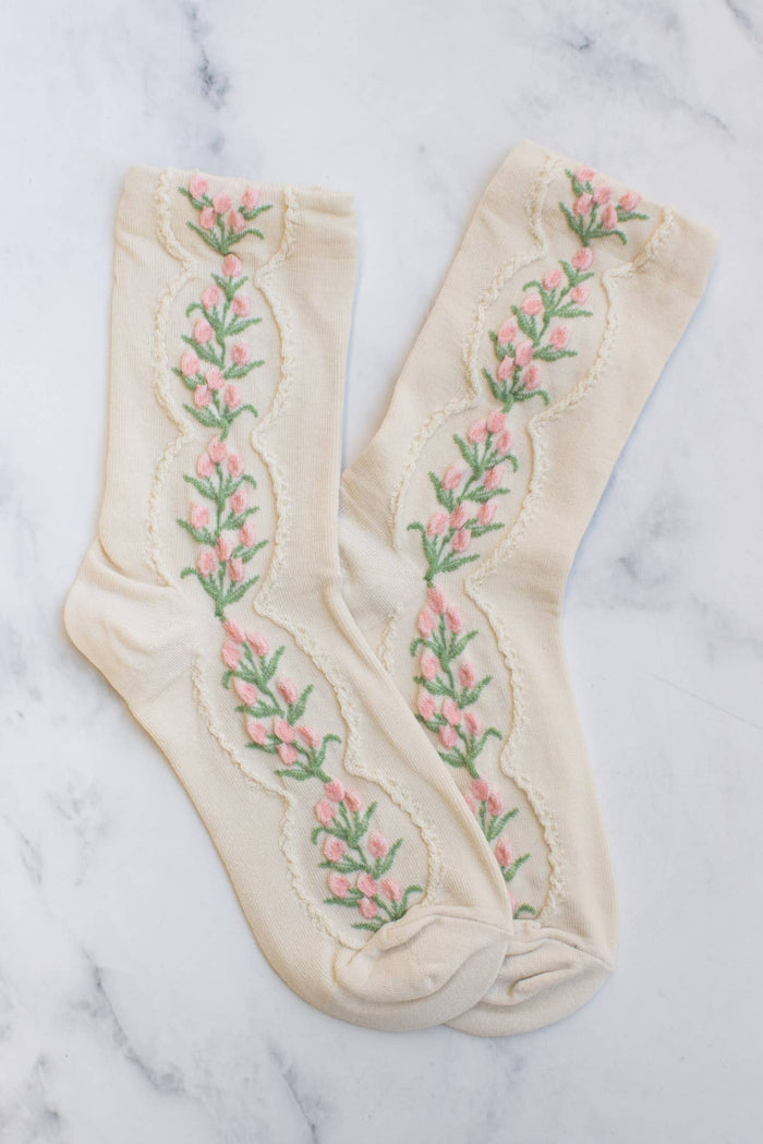 Women's Antique Tulip Flower Socks: Beige - The Mercantile London
