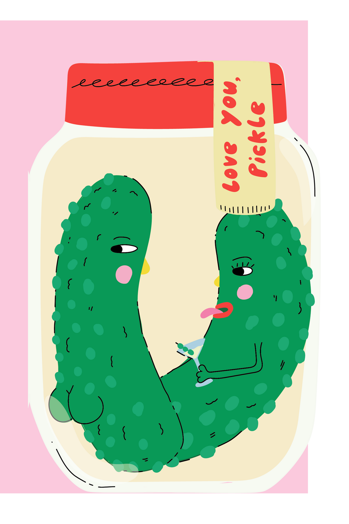 Illustration of two pickles in a jar with a pink background