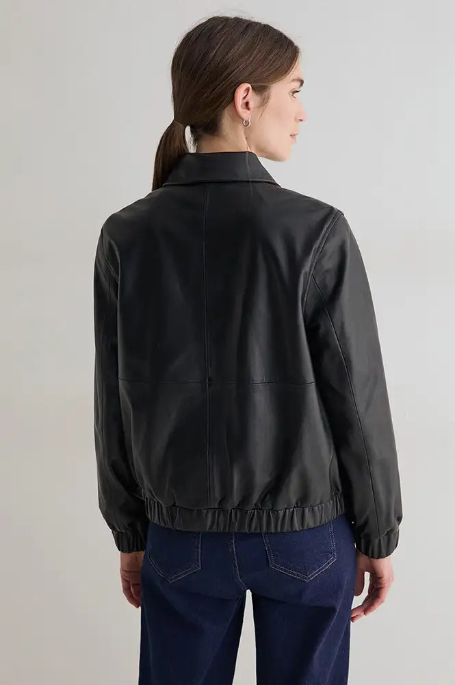 Yerse Black Leather Bomber Jacket