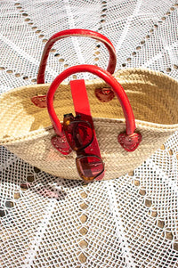 French Red Leather Detailed Small Market Basket Bag