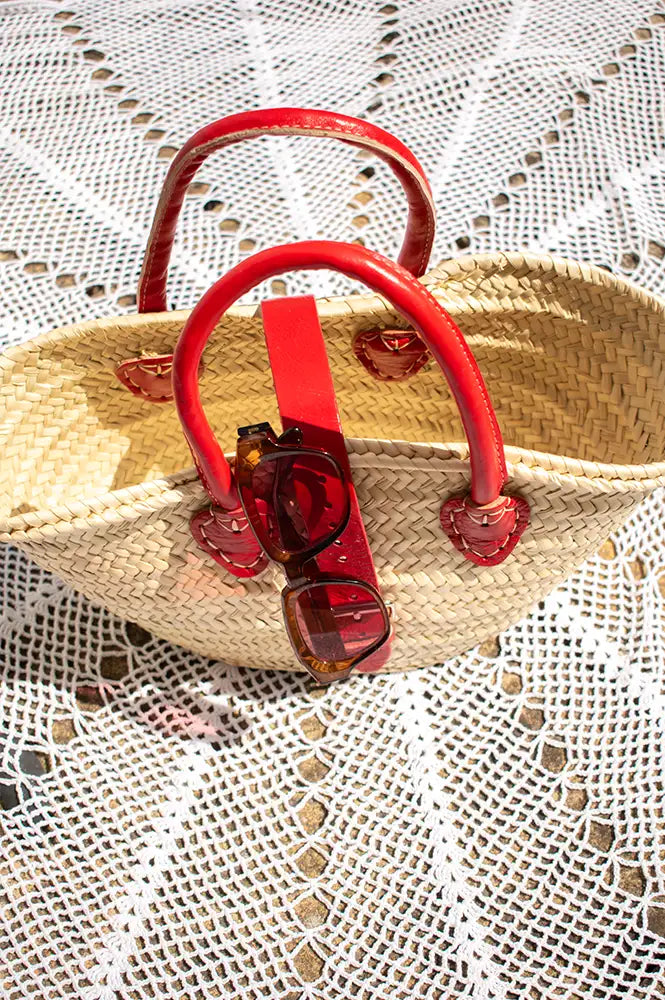 French Red Leather Detailed Small Market Basket Bag