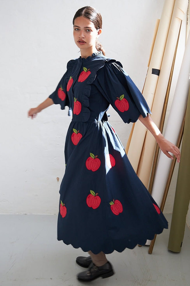 Stella Nova Apple Embroidered Navy Midi Dress - The Mercantile London