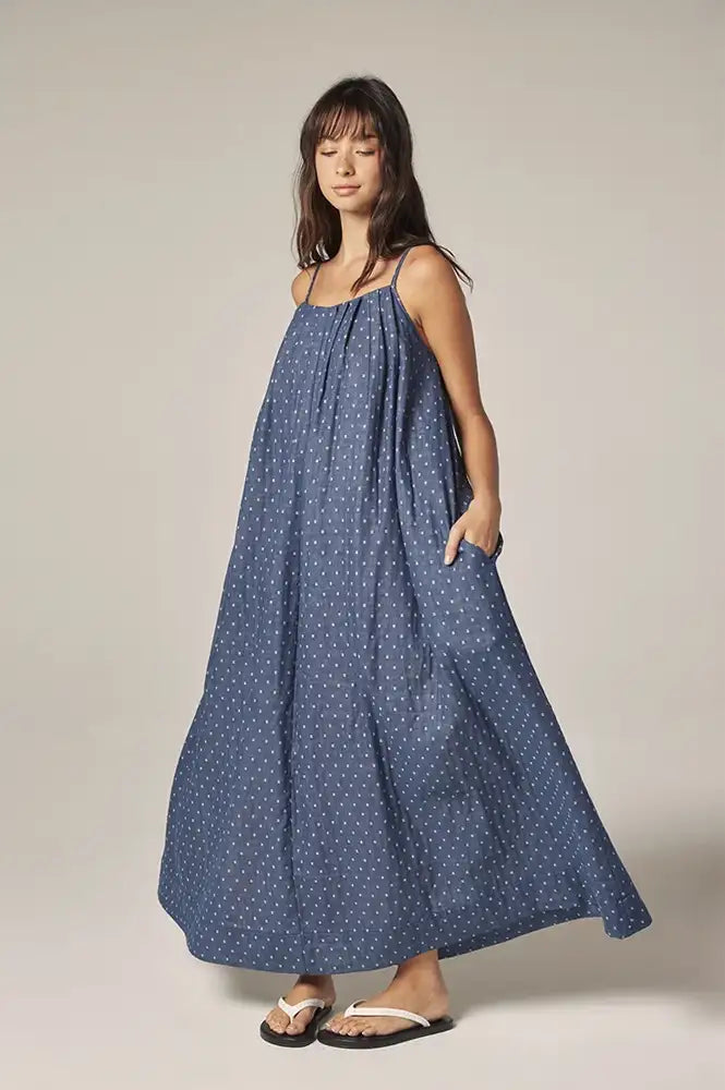 Amente Denim Polka Dot Tie Back Dress