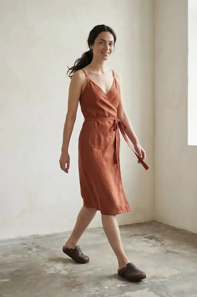 Artisans Of Humanity Calanthe Rust Linen Wrap Dress