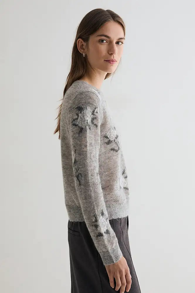 Yerse Grey Knitted Floral Jacquard Jumper