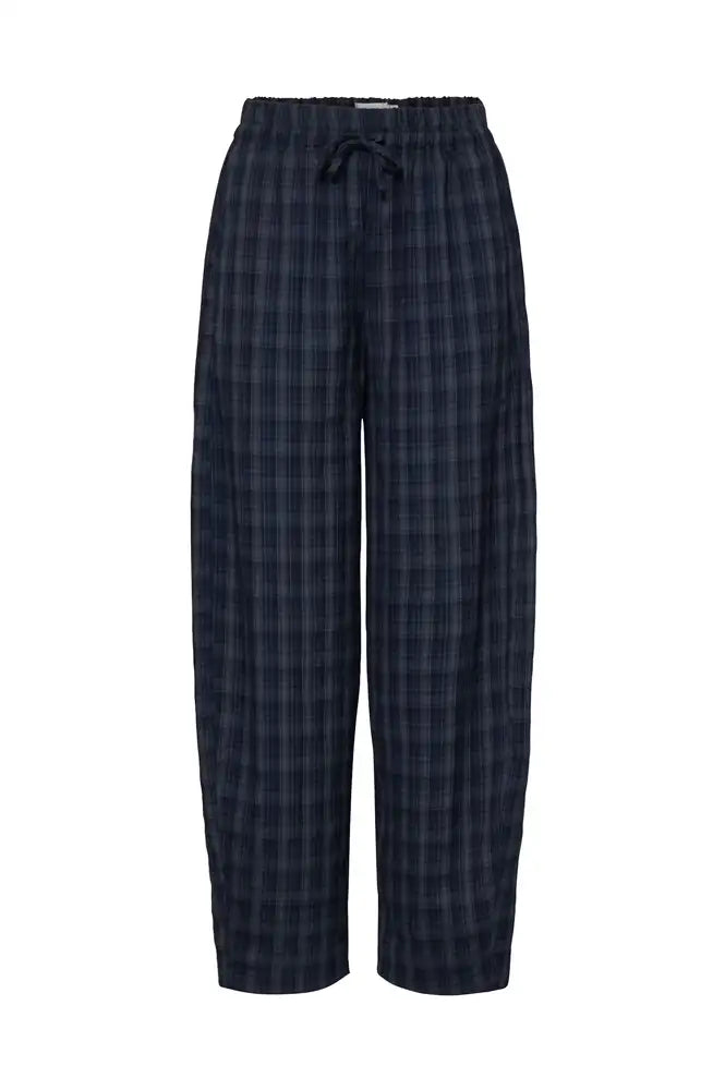 ICHI Trine Total Eclipse Navy Check Trousers - The Mercantile London