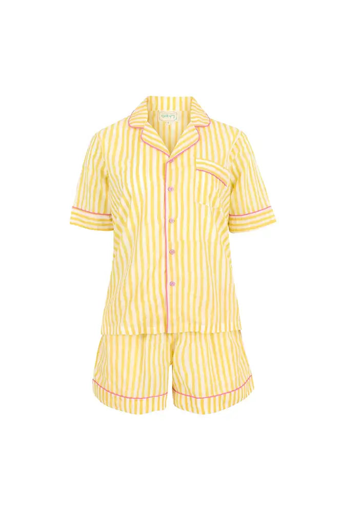 Dilli Grey Yellow Candy Striped Shorts Pyjama Set - The Mercantile London