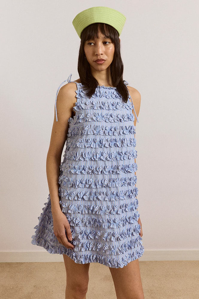 Damson Madder Leili Blue Stripe Ruffle Mini Dress - The Mercantile London