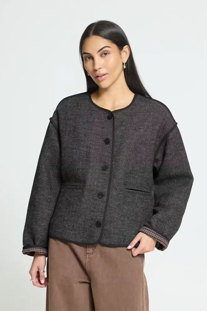 ICHI Frava Black Herringbone Scarf Detail Jacket