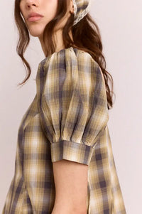 Damson Madder Sabina Cardamon Mix Check Mini Godet Dress